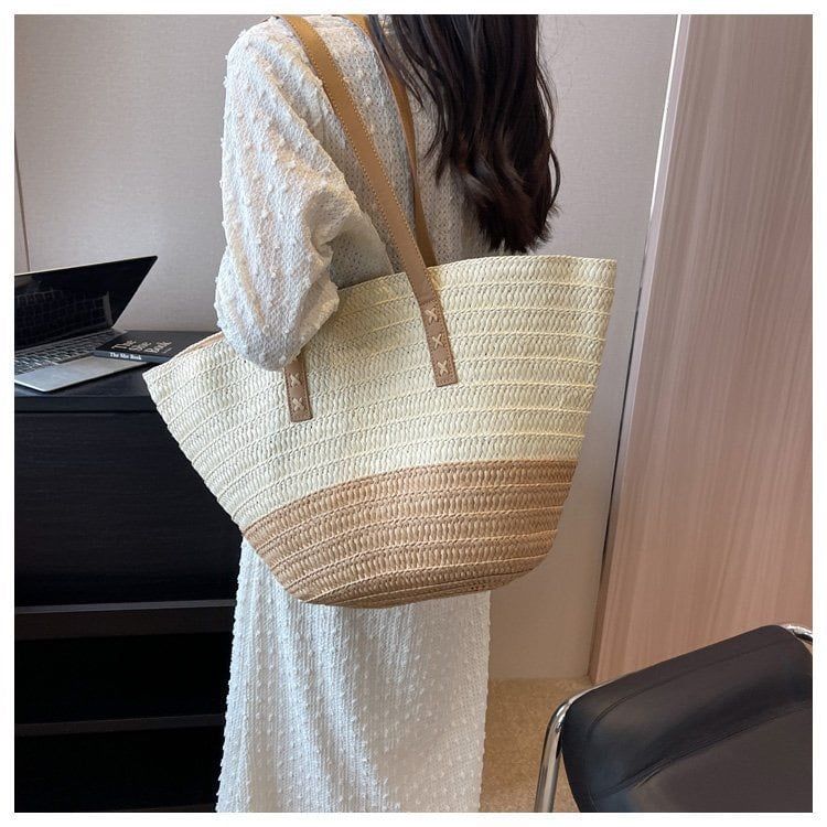  Túi cói đi biển vintage thời trang nữ phong cách cầm tay Hàn Quốc đẹp cổ điển màu nâu be sáng - TC105 