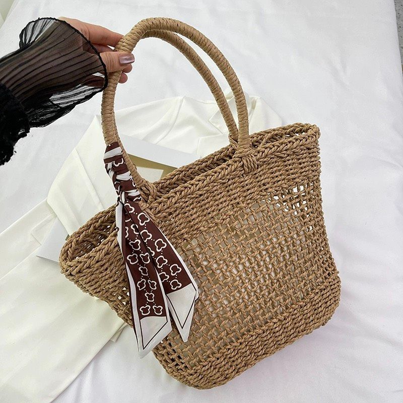  Túi cói đi biển vintage thời trang nữ phong cách cầm tay Hàn Quốc đẹp cổ điển màu nâu be- TC108 