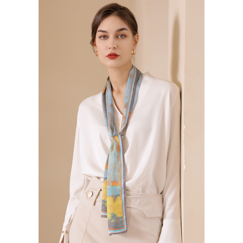  Quà tặng 20/10 cho sếp nữ, vợ, cô giáo, giáo viên nữ, mẹ và bạn gái, người yêu nữ quà tặng khăn quàng choàng cổ lụa cao cấp cho nữ văn phòng công sở đẹp tranh phong cảnh màu xanh lam AGANA - K1001 