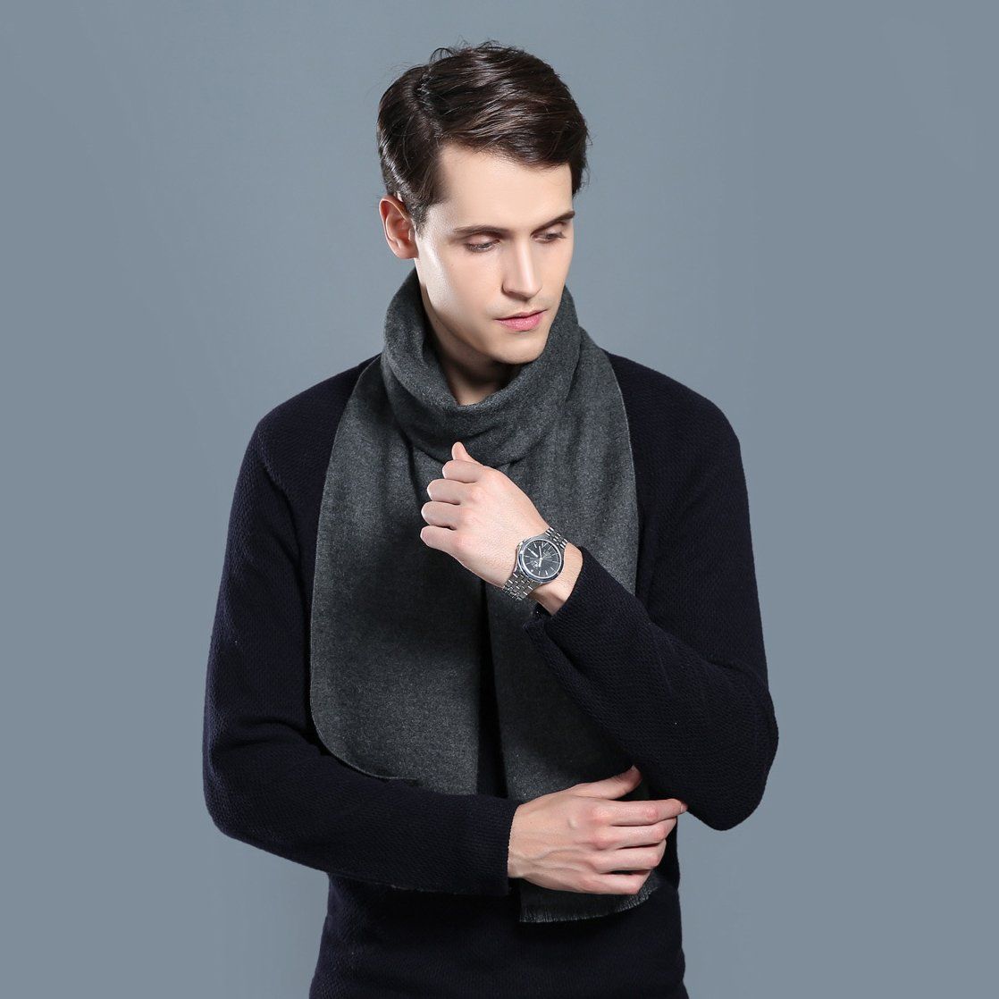  Khăn quàng choàng cổ nam Hàng Hiệu & Cao Cấp - Khăn len cashmere giữ ấm họa tiết màu Xám  - KN008 