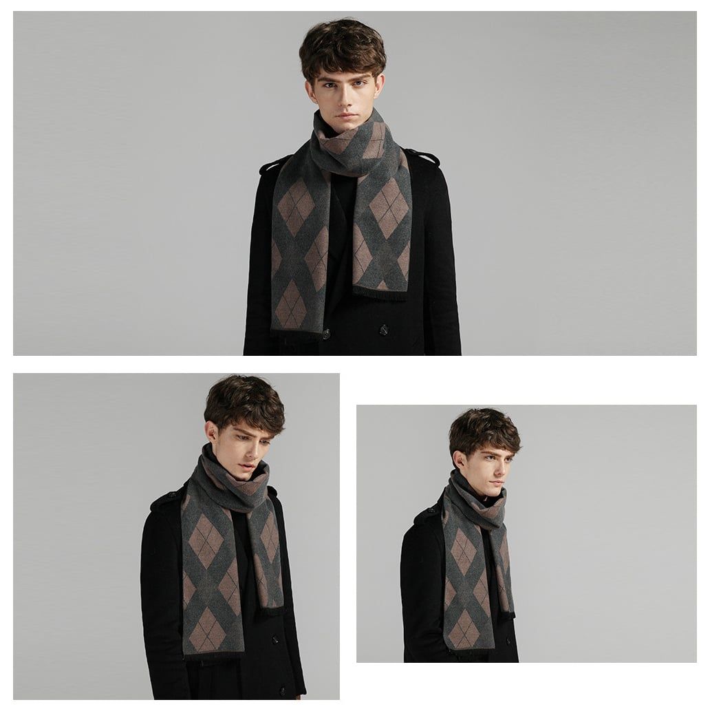  Khăn quàng choàng cổ nam Hàng Hiệu & Cao Cấp - Khăn len cashmere giữ ấm họa tiết màu Xám caro hồng - KN017 