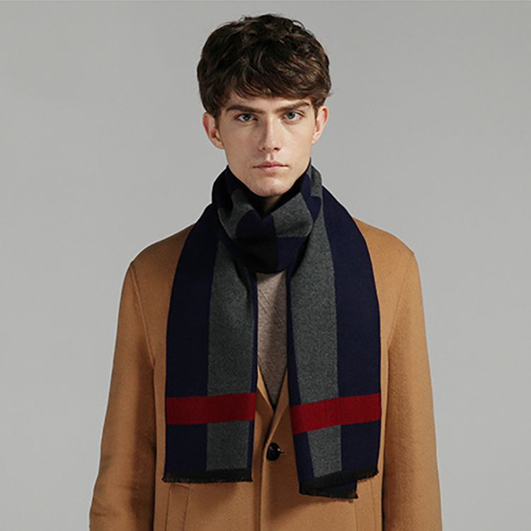  Khăn quàng choàng cổ nam Hàng Hiệu & Cao Cấp - Khăn len cashmere giữ ấm họa tiết màu Xám sọc xanh dương đỏ - KN018 
