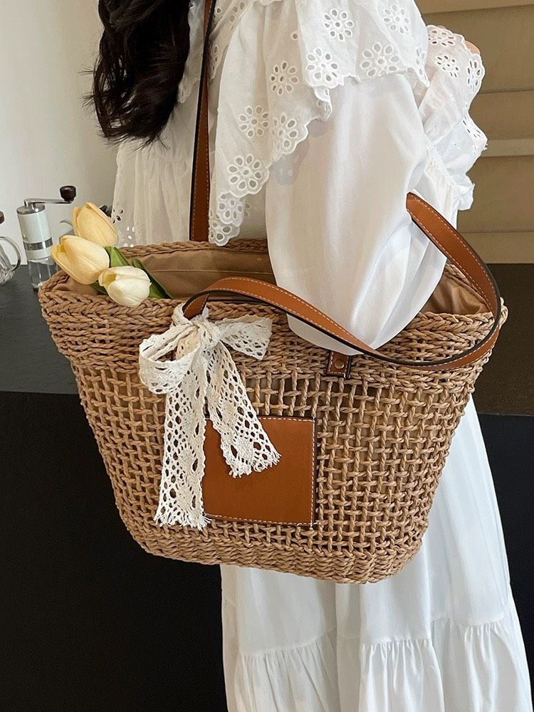  Túi cói đi biển vintage thời trang nữ phong cách cầm tay Hàn Quốc đẹp cổ điển màu nâu phối nơ - TC107 