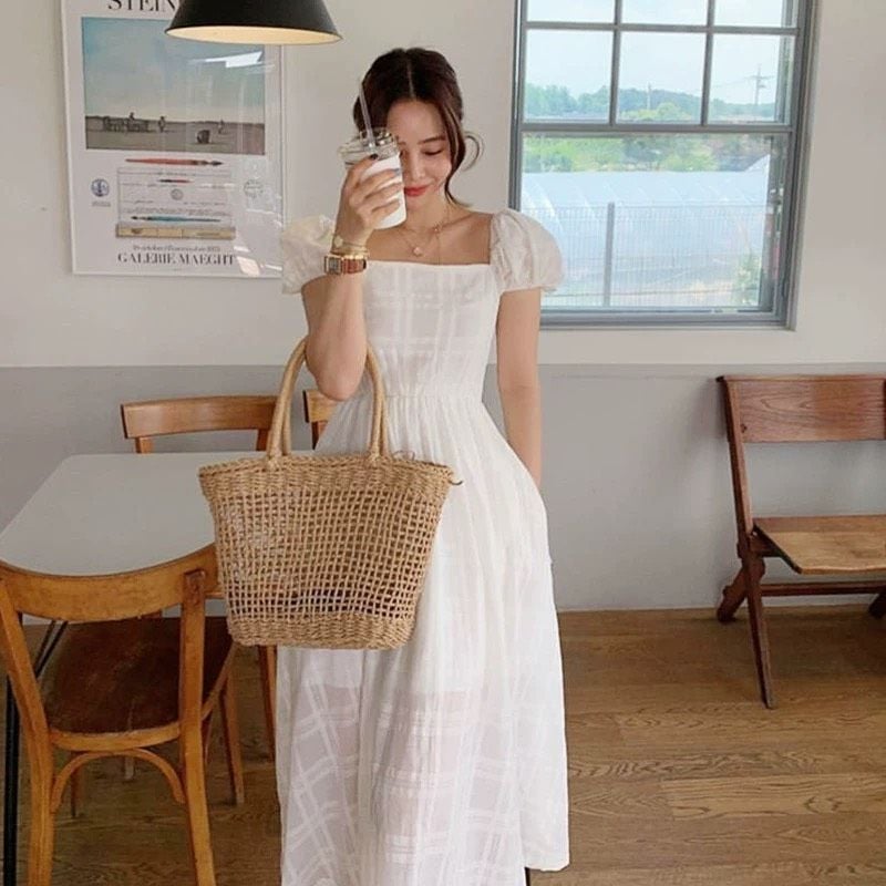  Túi cói đi biển vintage thời trang nữ phong cách cầm tay Hàn Quốc đẹp cổ điển màu nâu be- TC108 