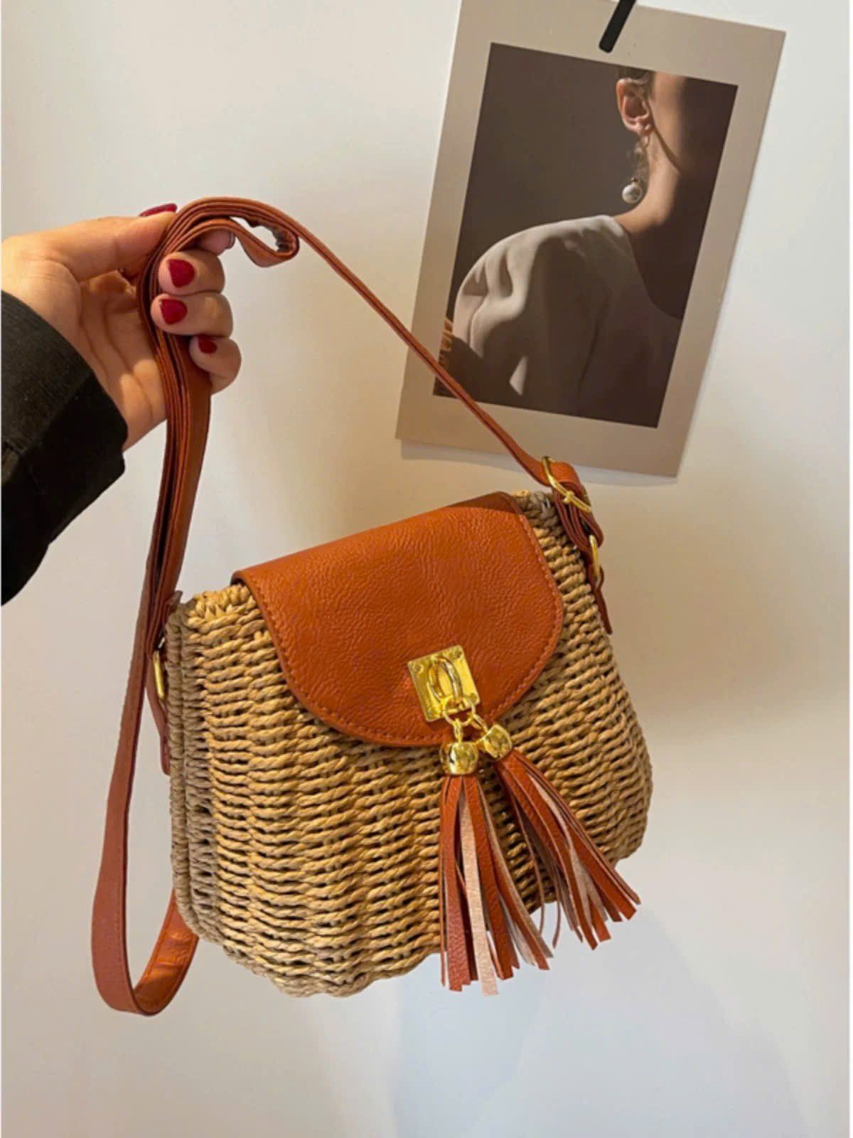  Túi cói đi biển vintage thời trang nữ phong cách cầm tay Hàn Quốc đẹp cổ điển màu nâu tua rua - TC119 