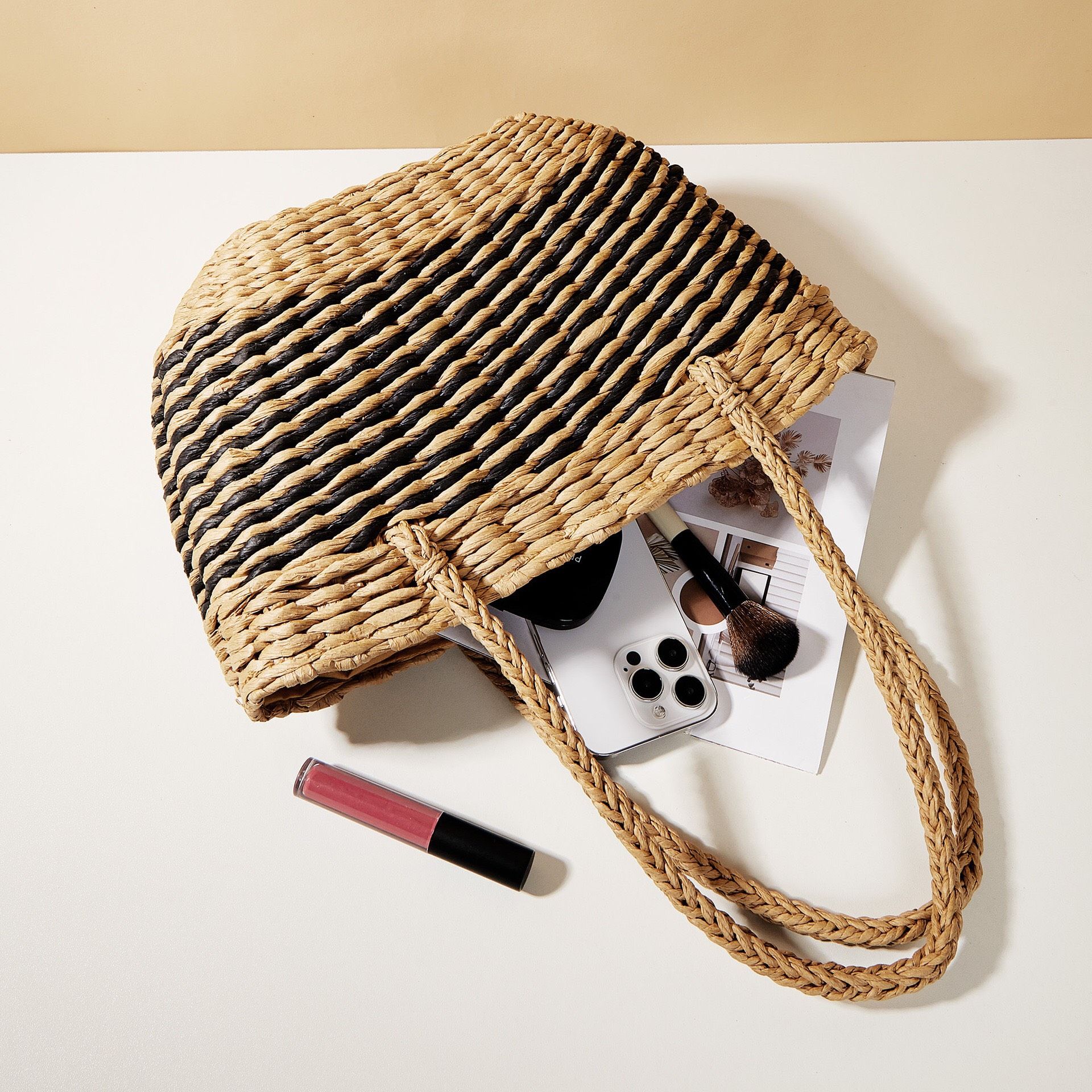  Túi cói đi biển vintage thời trang nữ phong cách cầm tay Hàn Quốc đẹp cổ điển màu nâu đậm - TC109 