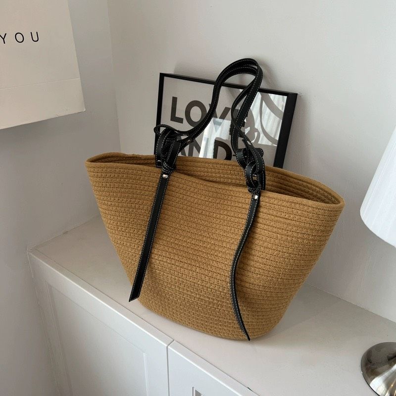  Túi cói đi biển vintage thời trang nữ phong cách cầm tay Hàn Quốc đẹp cổ điển màu nâu đậm - TC103 