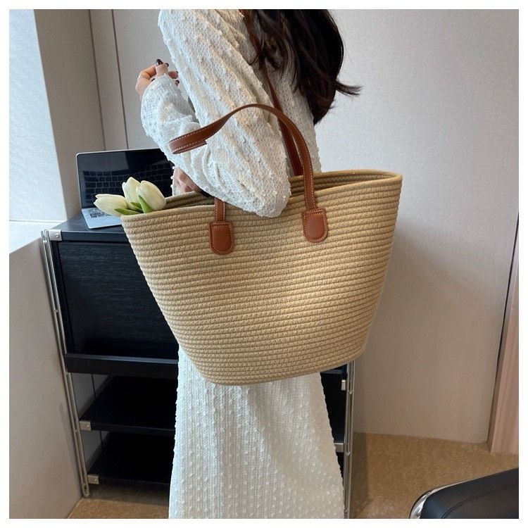  Túi cói đi biển vintage thời trang nữ phong cách cầm tay Hàn Quốc đẹp cổ điển màu nâu  - TC102 