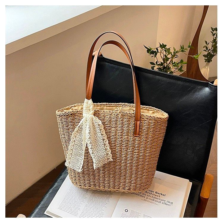  Túi cói đi biển vintage thời trang nữ phong cách cầm tay Hàn Quốc đẹp cổ điển màu nâu - TC106 