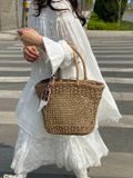  Túi cói đi biển vintage thời trang nữ phong cách cầm tay Hàn Quốc đẹp cổ điển màu nâu be- TC108 