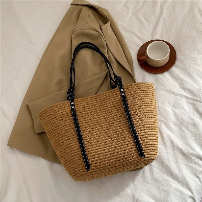  Túi cói đi biển vintage thời trang nữ phong cách cầm tay Hàn Quốc đẹp cổ điển màu nâu đậm - TC103 