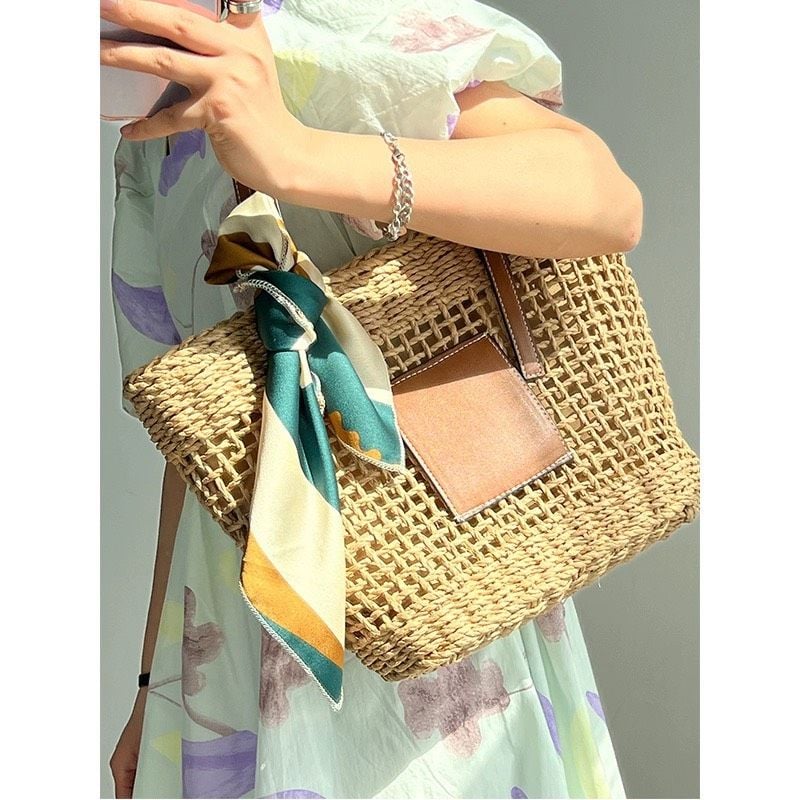 Túi cói đi biển vintage thời trang nữ phong cách cầm tay Hàn Quốc đẹp cổ điển màu nâu phối nơ - TC107 