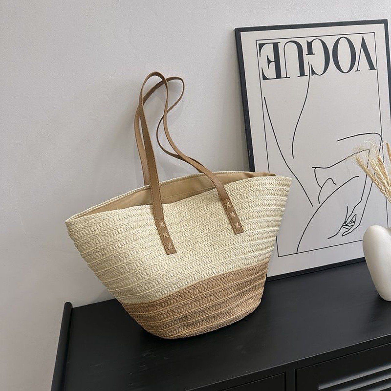  Túi cói đi biển vintage thời trang nữ phong cách cầm tay Hàn Quốc đẹp cổ điển màu nâu be sáng - TC105 