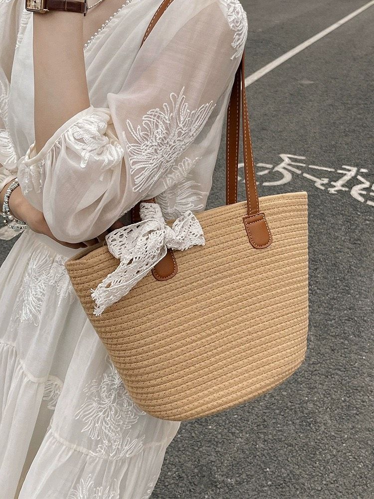  Túi cói đi biển vintage thời trang nữ phong cách cầm tay Hàn Quốc đẹp cổ điển màu nâu  - TC102 
