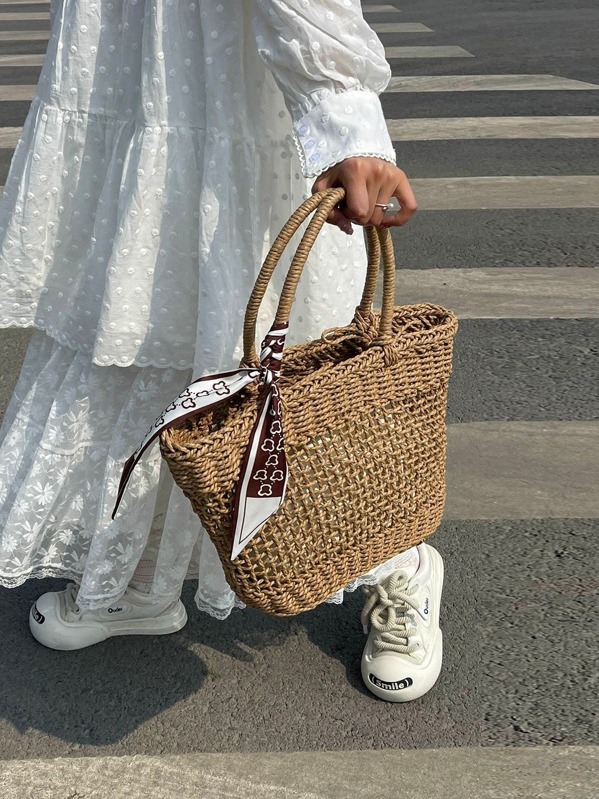  Túi cói đi biển vintage thời trang nữ phong cách cầm tay Hàn Quốc đẹp cổ điển màu nâu be- TC108 