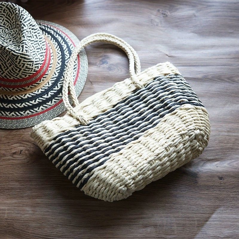  Túi cói đi biển vintage thời trang nữ phong cách cầm tay Hàn Quốc đẹp cổ điển màu nâu be  - TC110 