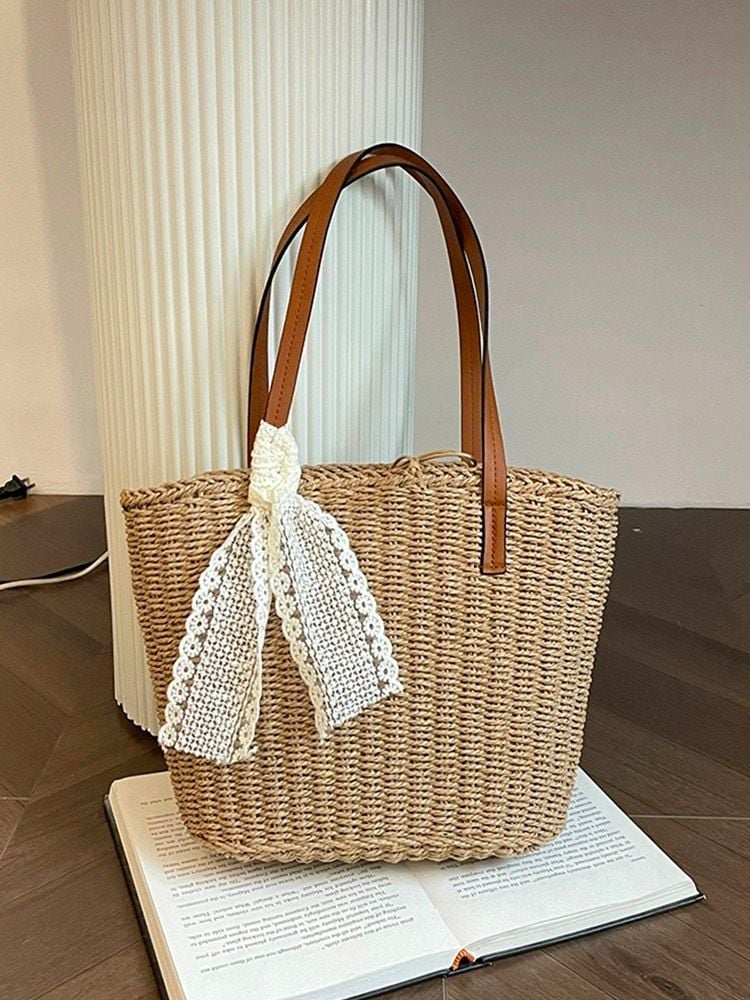  Túi cói đi biển vintage thời trang nữ phong cách cầm tay Hàn Quốc đẹp cổ điển màu nâu - TC106 