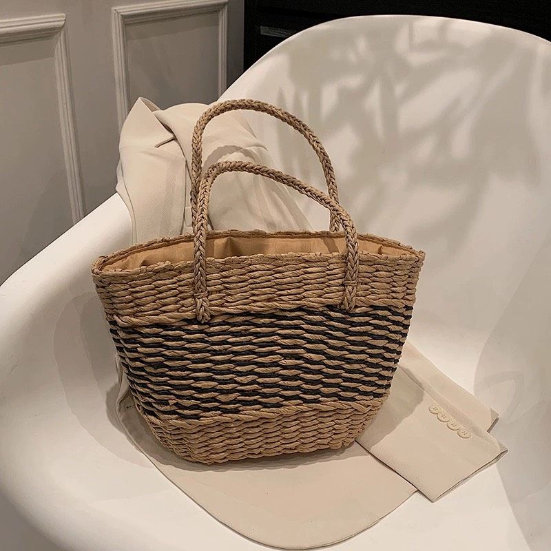  Túi cói đi biển vintage thời trang nữ phong cách cầm tay Hàn Quốc đẹp cổ điển màu nâu đậm - TC109 