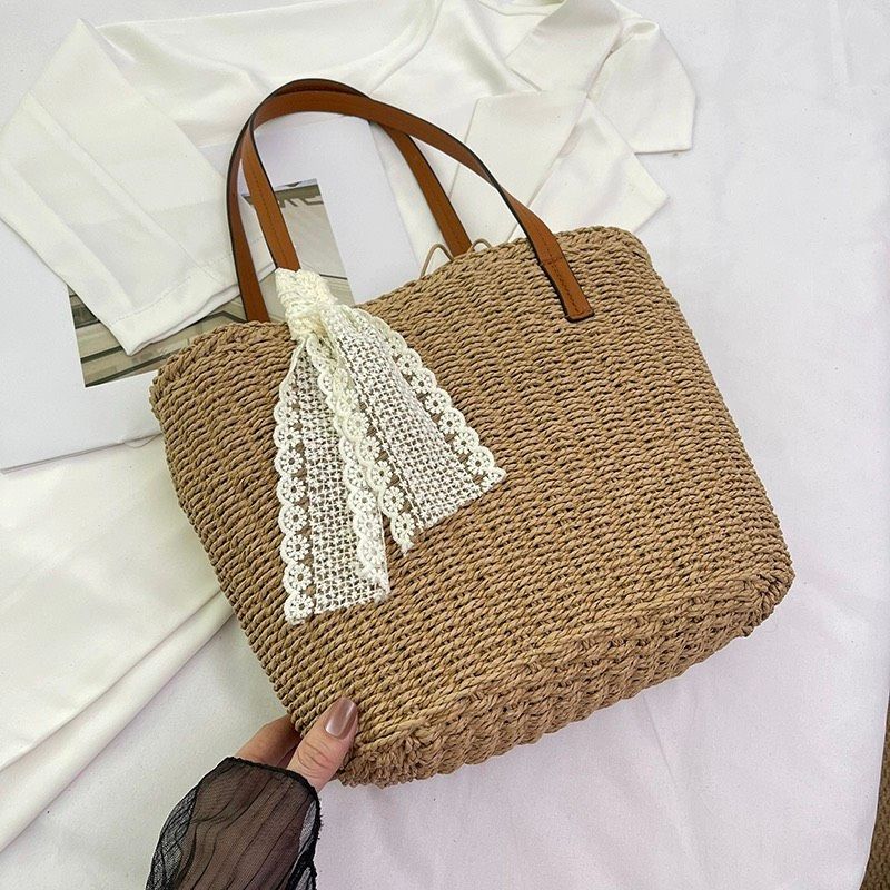  Túi cói đi biển vintage thời trang nữ phong cách cầm tay Hàn Quốc đẹp cổ điển màu nâu - TC106 