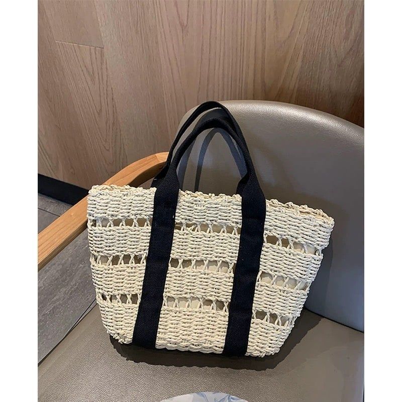  Túi cói đi biển vintage thời trang nữ phong cách cầm tay Hàn Quốc đẹp cổ điển màu nâu be  - TC111 