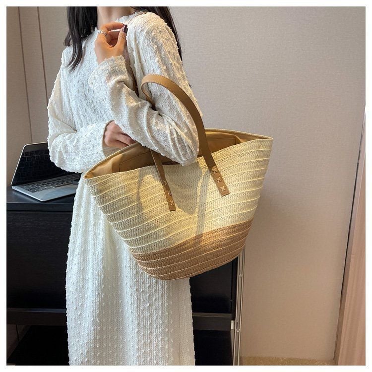  Túi cói đi biển vintage thời trang nữ phong cách cầm tay Hàn Quốc đẹp cổ điển màu nâu be sáng - TC105 