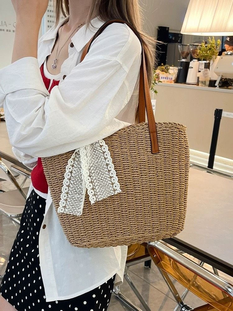  Túi cói đi biển vintage thời trang nữ phong cách cầm tay Hàn Quốc đẹp cổ điển màu nâu - TC106 