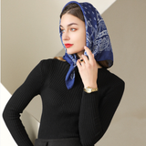  Khăn quàng cổ size vuông 70cm lụa mỏng nhẹ thích hợp cho mùa hè mùa xuân mùa thu chống nắng họa tiết hạt điều màu xanh đen AGANA- KL397 