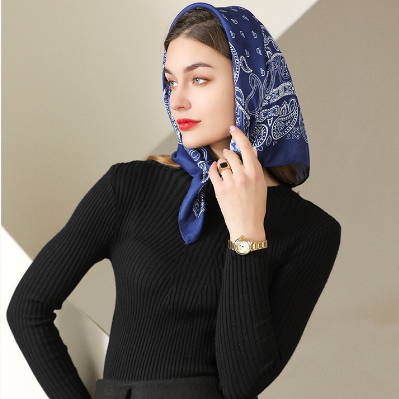  Khăn quàng cổ size vuông 70cm lụa mỏng nhẹ thích hợp cho mùa hè mùa xuân mùa thu chống nắng họa tiết hạt điều màu xanh đen AGANA- KL397 