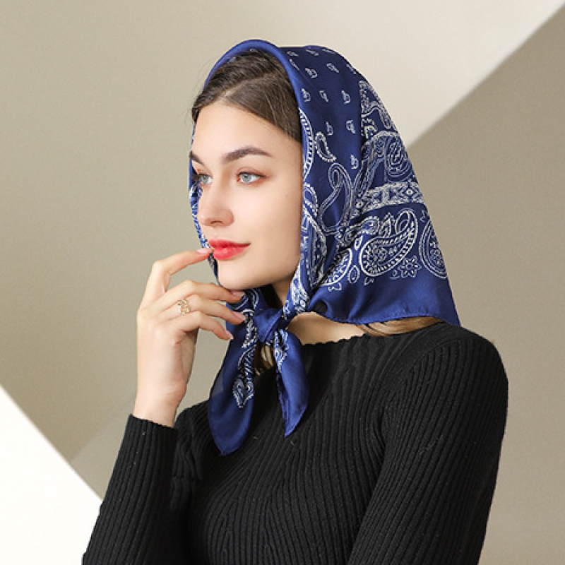  Khăn quàng cổ size vuông 70cm lụa mỏng nhẹ thích hợp cho mùa hè mùa xuân mùa thu chống nắng họa tiết hạt điều màu xanh đen AGANA- KL397 