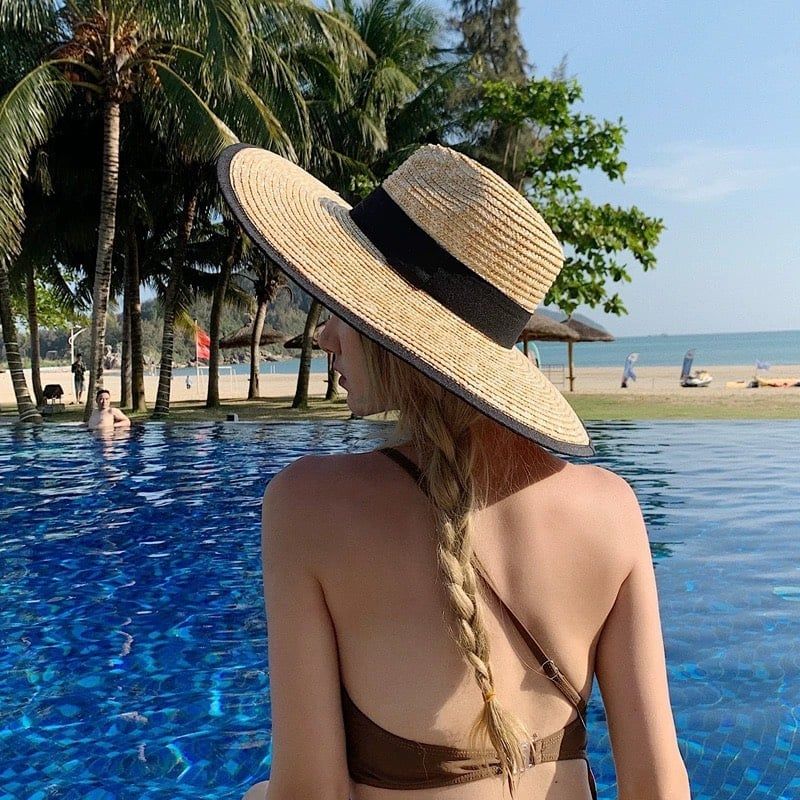  Mũ nón cói đi biển rộng vành tròn đẹp cho nữ sợi tự nhiên cao cấp dây đen - NC524 