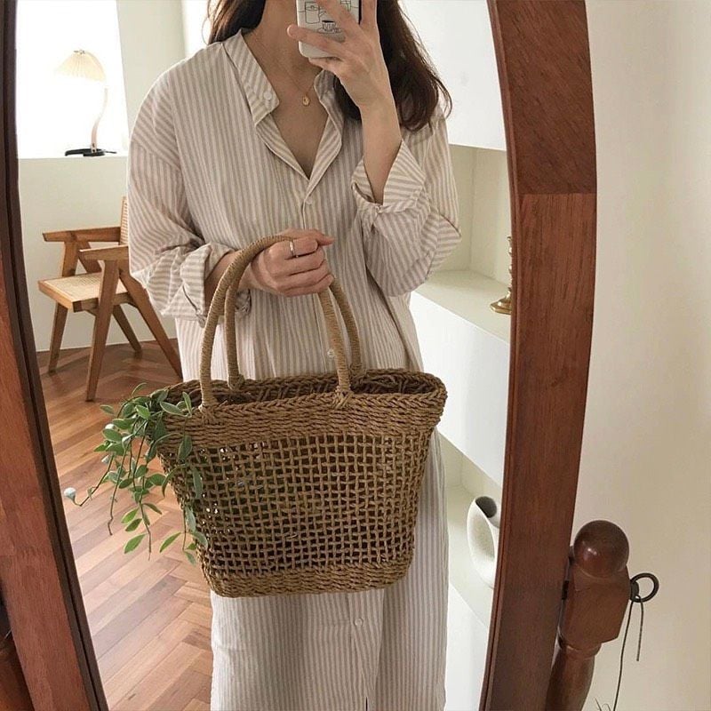  Túi cói đi biển vintage thời trang nữ phong cách cầm tay Hàn Quốc đẹp cổ điển màu nâu be- TC108 