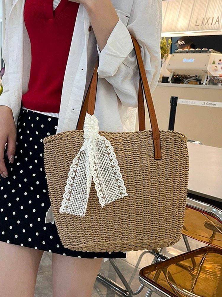  Túi cói đi biển vintage thời trang nữ phong cách cầm tay Hàn Quốc đẹp cổ điển màu nâu - TC106 