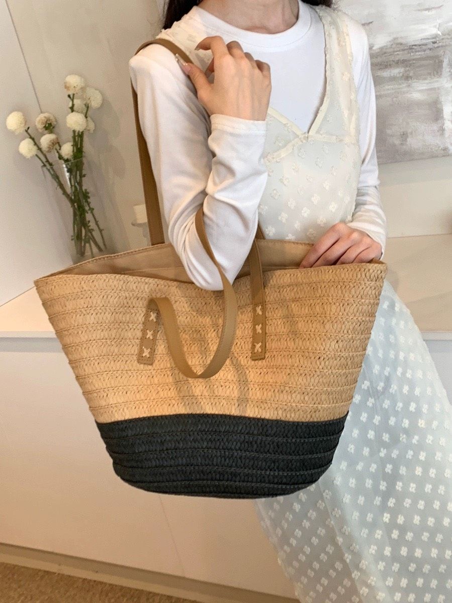  Túi cói đi biển vintage thời trang nữ phong cách cầm tay Hàn Quốc đẹp cổ điển màu nâu phối đen - TC104 