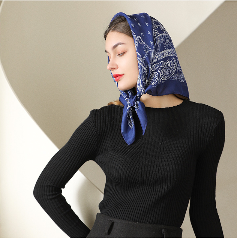  Khăn quàng cổ size vuông 70cm lụa mỏng nhẹ thích hợp cho mùa hè mùa xuân mùa thu chống nắng họa tiết hạt điều màu xanh đen AGANA- KL397 