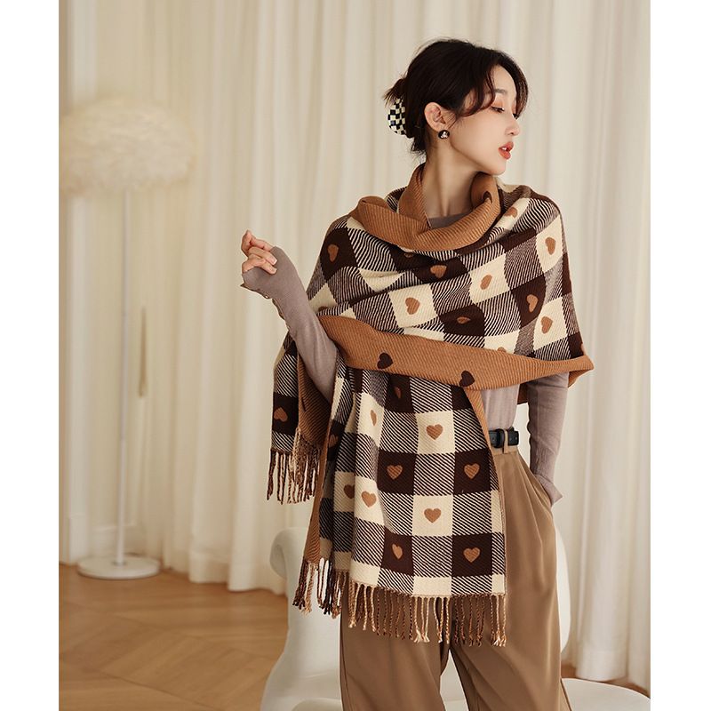 Khăn quàng choàng cổ len Cashmere giữ ấm caro màu nâu trái tim cao cấp phong cách Hàn Quốc đẹp sang trọng - KC404 