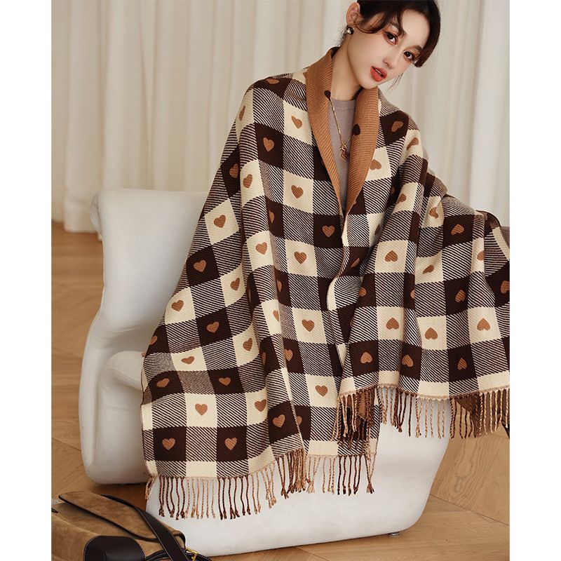  Khăn quàng choàng cổ len Cashmere giữ ấm caro màu nâu trái tim cao cấp phong cách Hàn Quốc đẹp sang trọng - KC404 