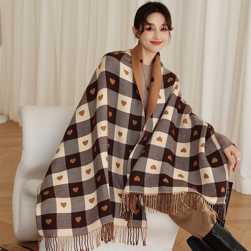  Khăn quàng choàng cổ len Cashmere giữ ấm caro màu nâu trái tim cao cấp phong cách Hàn Quốc đẹp sang trọng - KC404 