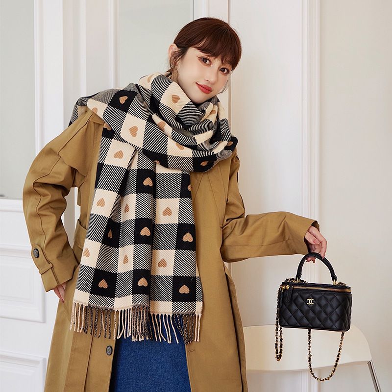  Khăn quàng choàng cổ len Cashmere giữ ấm caro màu đen trái tim cao cấp phong cách Hàn Quốc đẹp sang trọng - KC405 