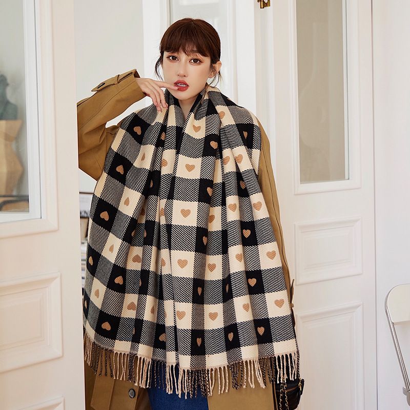  Khăn quàng choàng cổ len Cashmere giữ ấm caro màu đen trái tim cao cấp phong cách Hàn Quốc đẹp sang trọng - KC405 
