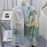  Khăn quàng choàng cổ lụa cao cấp cho nữ văn phòng sở đẹp màu xanh phối hoa sen AGANA - KS180 