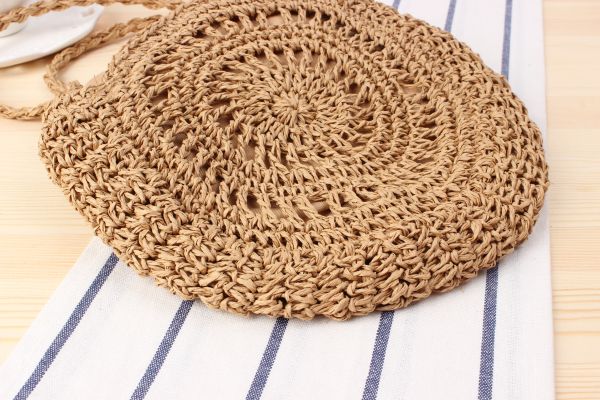  Túi cói đi biển vintage thời trang nữ phong cách đeo chéo vai Hàn Quốc đẹp hình tròn đính nơ màu nâu - TC015 