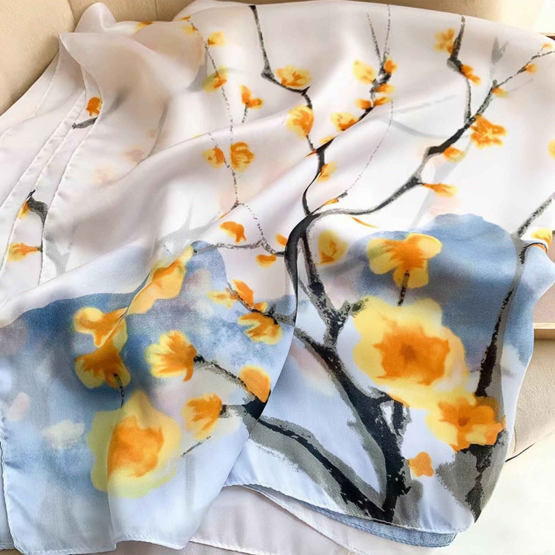  Khăn quàng choàng cổ lụa cao cấp cho nữ văn phòng sở đẹp màu trắng phối xanh AGANA - KS179 