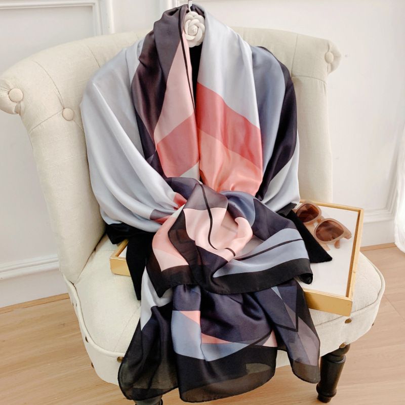  Khăn quàng choàng cổ lụa cao cấp cho nữ văn phòng sở đẹp màu xanh hình đa khối AGANA - KS160 