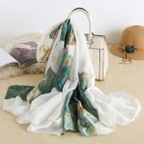  Khăn quàng choàng cổ lụa cao cấp cho nữ văn phòng sở đẹp hoa sen trắng xanh AGANA - KS021 