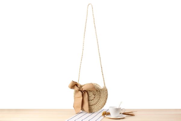  Túi cói đi biển vintage thời trang nữ phong cách đeo chéo vai Hàn Quốc đẹp hình tròn đính nơ màu be - TC016 