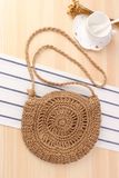  Túi cói đi biển vintage thời trang nữ phong cách đeo chéo vai Hàn Quốc đẹp hình tròn đính nơ màu nâu - TC015 