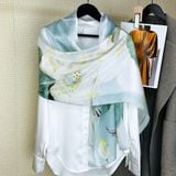  Khăn quàng choàng cổ lụa cao cấp cho nữ văn phòng sở đẹp màu xanh phối hoa sen AGANA - KS180 