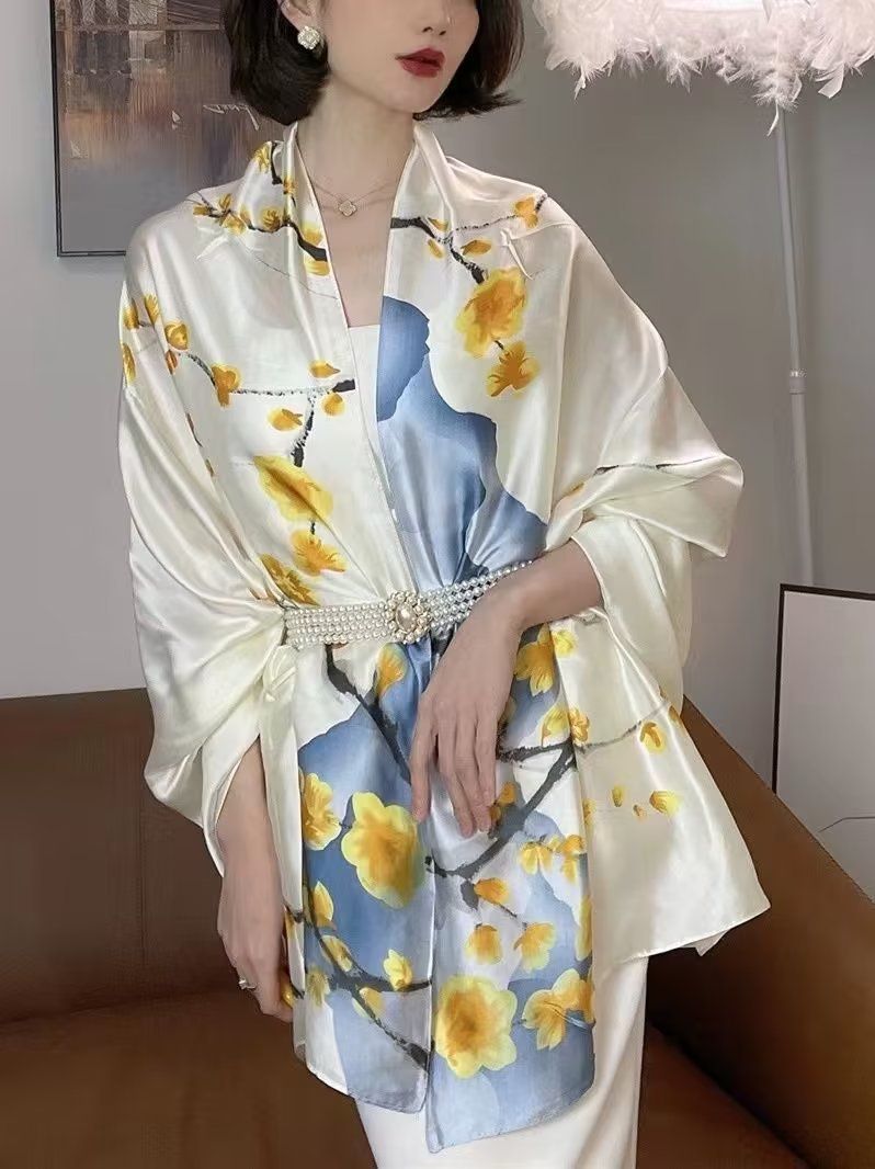  Khăn quàng choàng cổ lụa cao cấp cho nữ văn phòng sở đẹp màu trắng phối xanh AGANA - KS179 