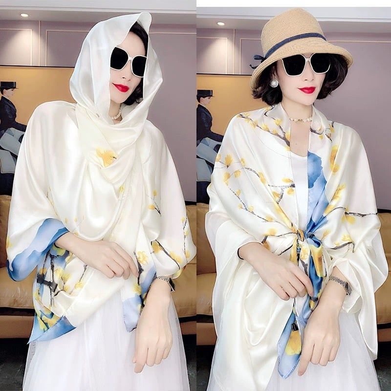  Khăn quàng choàng cổ lụa cao cấp cho nữ văn phòng sở đẹp màu trắng phối xanh AGANA - KS179 