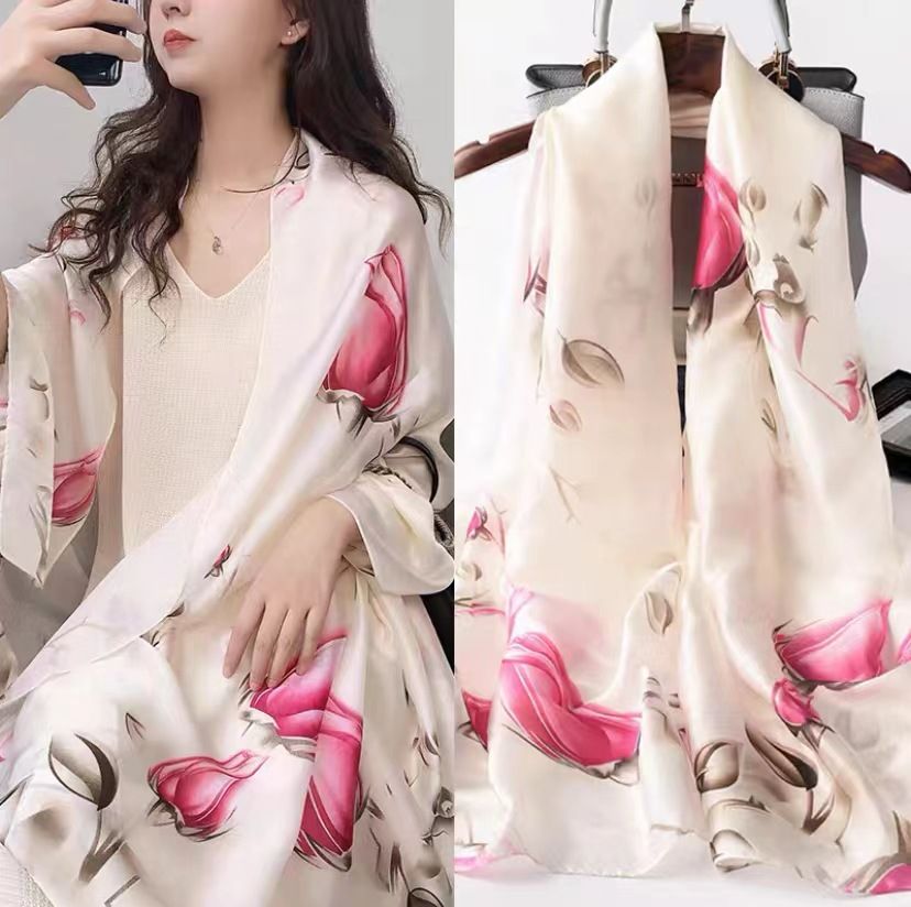  Khăn quàng choàng cổ lụa cao cấp cho nữ văn phòng sở đẹp màu be phối hồng AGANA - KS157 